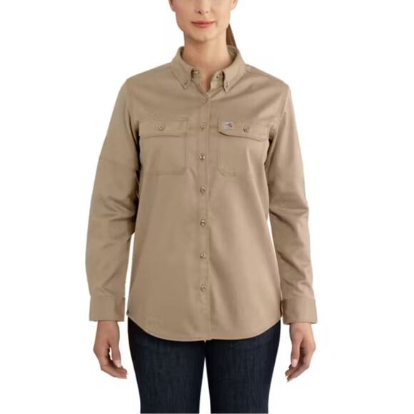 Carhartt Womens Medium Khaki Flame Resistant Rugged Flex Twill Shirt Work L12-5 - Picture 1 of 10